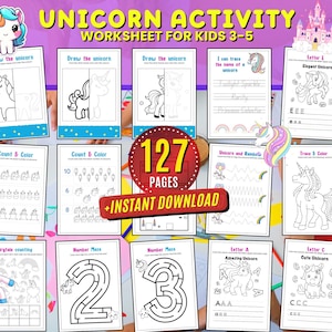 Hojas de trabajo con actividades de unicornios, imprimibles, letras, alfabeto, colorear, unicornio, seguimiento de números, aprendizaje de punto a punto, práctica de reconocimiento de letras, escritura