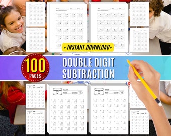May include: A printable worksheet pack for double digit subtraction practice. The pack includes 100 pages of worksheets with a title that reads "Double Digit Subtraction".
