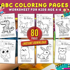 Páginas para colorear del alfabeto Hoja de trabajo Letras del alfabeto Imprimible Aprendizaje de animales Práctica de reconocimiento de letras para que los niños escriban Actividad del alfabeto