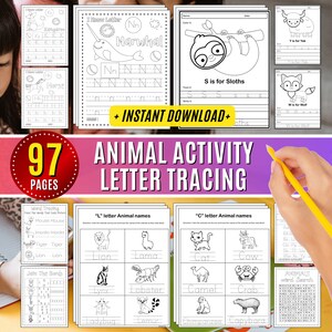 Atividade de rastreamento de letras de animais, livro de exercícios de escrita à mão, planilhas para crianças, palavra abc, aprendizagem pré-escolar, jardim de infância