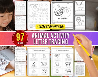 Animal Letter Tracing Activity Alphabet Handwriting Workbook Practice Worksheets for Kids Word abc Tracing Learning Preschool Kindergarten