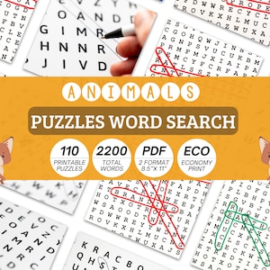 110 Printable Advanced Word Search Puzzle Game for Adults, Animals Topic, Digital Word Search Download PDF, Printable Games, Activity Book