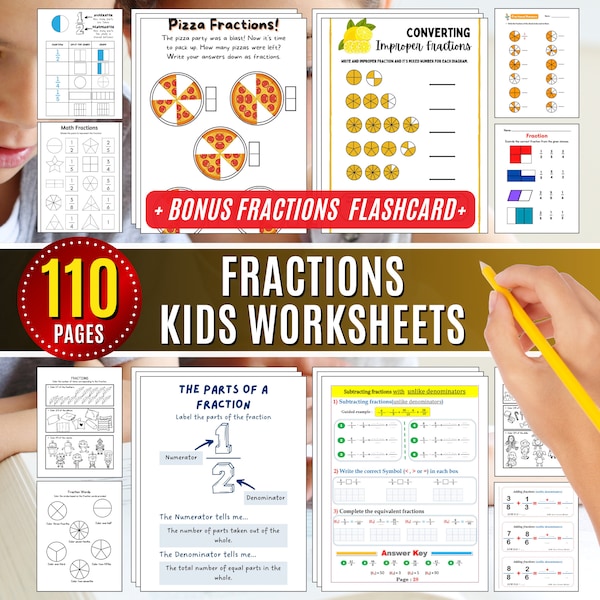 Math Fractions Worksheet Activity Learning Math Drills for Kids, 3rd 4th Grade Printable, Practice Decimal Number Activities Homeschool
