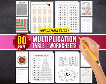 Multiplication Worksheets Time Table Flash Cards: Math for Kids Homeschool Curriculum Digital Pdf Printable