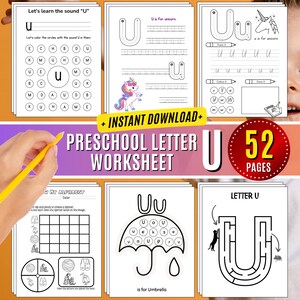 Hojas de trabajo de la letra U Letras de la semana preescolar Actividad de prekínder Manualidades de rastreo Reconocimiento de letras mayúsculas U minúscula Aprende a escribir Pdf
