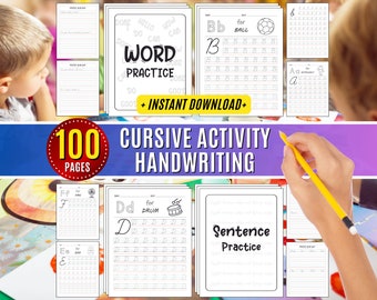 May include: A set of 100 cursive handwriting practice worksheets for kids. The worksheets feature a variety of activities, including letter tracing, word practice, and sentence writing. The worksheets are designed to help children develop their cursive handwriting skills.
