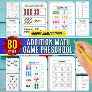 May include: A set of 80 printable worksheets for preschoolers to practice addition math skills. The worksheets feature colorful illustrations of fruits, vegetables, and other objects. The worksheets also include a section for bonus subtraction problems.