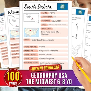 Geography United States Midwest Worksheets Teaching Study Activity Workbook Elementary Learning Printable for Kids Homeschool 3rd grade