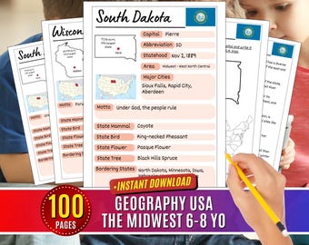 Midwest Geography Workbook: US States Activity, 3rd Grade (Digital Download)
