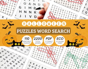 May include: A Halloween word search puzzle collection featuring orange banners with black bat silhouettes, jack-o'-lanterns, and black cat illustrations. The text reads HALLOWEEN PUZZLES WORD SEARCH, 110 PRINTABLE PUZZLES, 2200 TOTAL WORDS, PDF 2 FORMAT 8.5"X 11", and ECO ECONOMY PRINT.