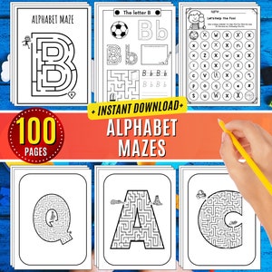 Hojas de trabajo con letras del laberinto del alfabeto Actividad de laberintos del alfabeto Reconocimiento de letras Emparejamiento de mayúsculas, Aprenda el alfabeto preescolar Imprimible en minúsculas