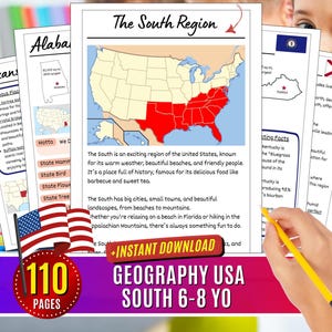Geographie Vereinigten Staaten Süd Arbeitsblätter Unterricht Studium Aktivität Arbeitsbuch Grundlegendes Lernen Printable für Kinder Homeschool 3