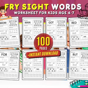 Fry Sight Words Worksheets: Kindergarten Learning Flash Cards (Digital Download)