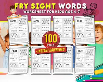Fry Sight Words Worksheets: Kindergarten Learning Flash Cards Printable (Digital Download)