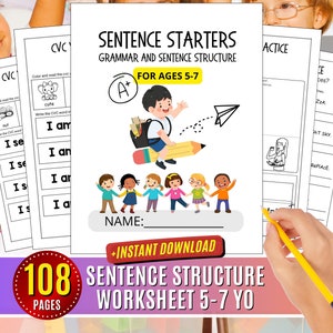 Może przedstawiać: Kolorowa karta pracy dla dzieci w wieku od 5 do 7 lat z tytułem "Rozpoczęcia zdań: Gramatyka i struktura zdań" oraz ilustracją kreskówkową dziecka jadącego na ołówku. Karta pracy zawiera 108 stron i jest dostępna do pobrania natychmiast.