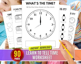 Learn to Tell Time Worksheets: Clock Learning for Kids 4-7 Printable Digital Download Homeschool