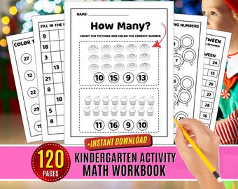 Kindergarten Math Workbook: Worksheets Preschool Number Counting, Tracing, Addition (PDF Downloadable Printable 120 Pages)