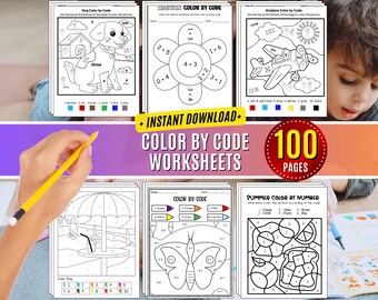 May include: A set of 100 printable color by code and color by number worksheets for kids. The worksheets feature a variety of themes, including animals, objects, and summer scenes. The worksheets are perfect for helping kids learn to count, identify colors, and follow directions.