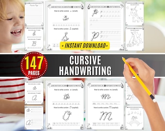 May include: A set of 147 printable cursive handwriting worksheets featuring a unicorn theme. The worksheets include uppercase and lowercase letters, as well as practice lines for writing.