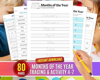 Months of the Year Worksheets: Learning Tracing Printable, Months Homeschool activities Preschool Teaching PDF
