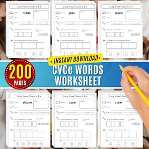 May include: A black and white worksheet with the words "Long Vowel Sound a & e" at the top. The worksheet has several sections, including "Read it", "Write it", "Trace the sentence on the lines", "Color it", and "Cut and glue the letter and create the word". The worksheet features the words "made", "jade", "mane", "shame", "cane", and "rake".