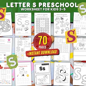 Letra S Hoja de trabajo preescolar Práctica Actividad de seguimiento de la S Manualidades Reconocimiento de letras mayúsculas S minúscula Colorear Letras de la semana