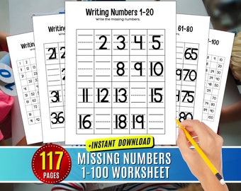 May include: A black and white worksheet with the title "Writing Numbers 1-20". The worksheet has a grid of boxes with numbers 2, 3, 4, 5, 8, 9, 10, 11, 12, 13, 15, 16, 18, 19. The worksheet instructs the user to write the missing numbers. The worksheet also includes the text "+INSTANT DOWNLOAD" and "117 PAGES".