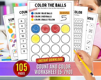 Count and Color Math Worksheet: Number Activities Basic (Ages 5-7) Printable Digital Download Homeschool
