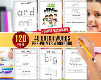 Dolch Sight Word Pre-Primer Worksheets Kindergarten High Frequency Pre-k Learning Spelling Activity Reading, Word Tracing + Bonus Flashcard