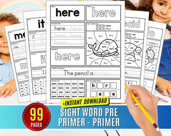 Sight Words Worksheets: Preschool Learning Dolch Pre-Primer & Primer, Handwriting Practice (Digital pdf Download)