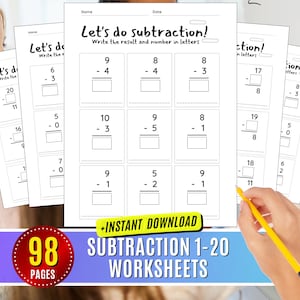 Subtraction Worksheets Printable Single Digit Numbers 1-20, kindergarten Preschool-1st Grade Math, 1 2 Digit Math Practice Subtracting