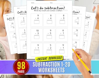 Subtraction Worksheets Printable Single Digit Numbers 1-20, kindergarten Preschool-1st Grade Math, 1 2 Digit Math Practice Subtracting