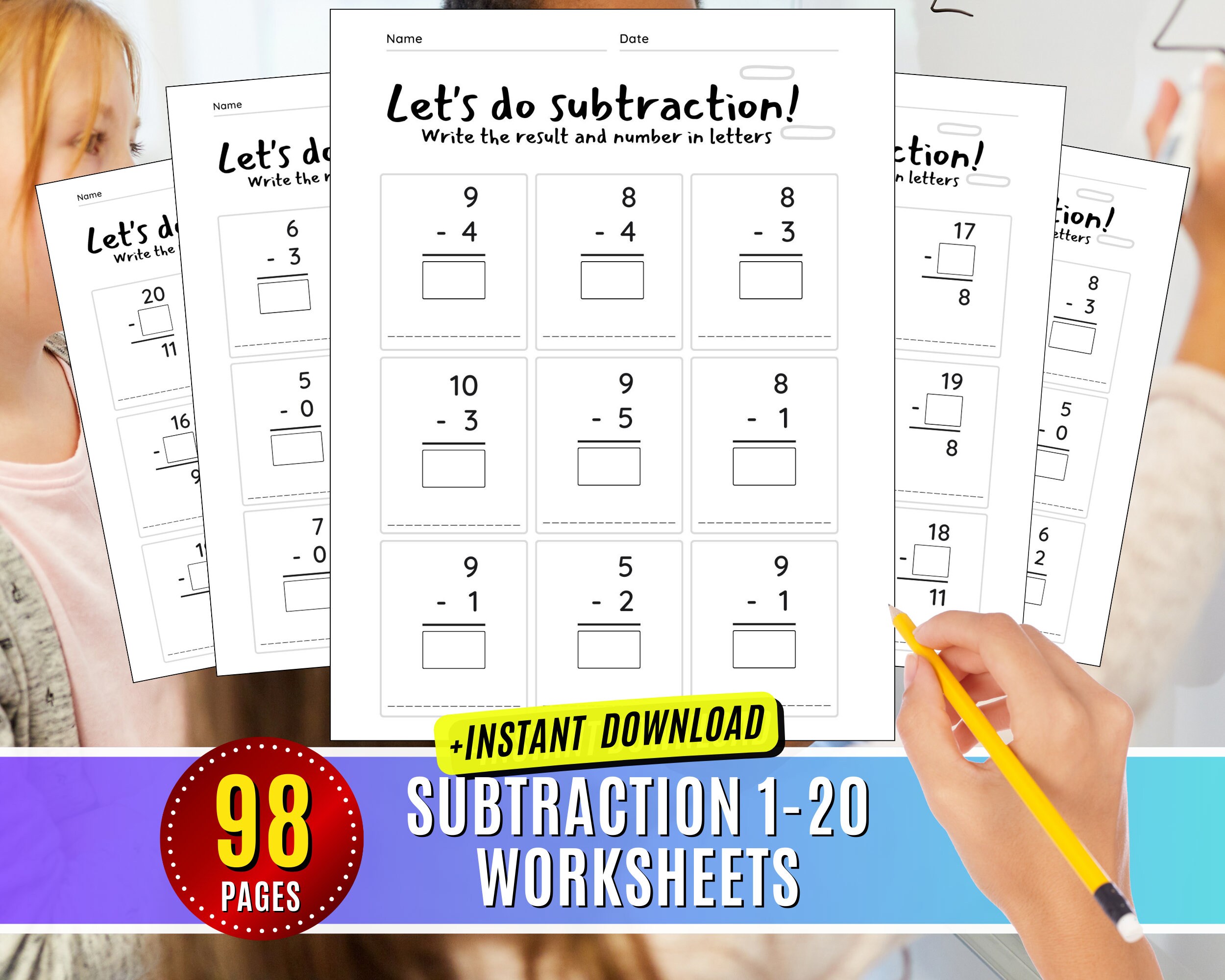 Subtraction Worksheets Printable, Numbers 1-20, Kindergarten Preschool-1st Grade Math, 1 2 Digit ...