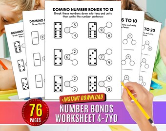 Number Bonds Worksheet Games Addition to 10 Domino 1-20 Ages 4-7 Learning Math Printable Homeschool Practice Count