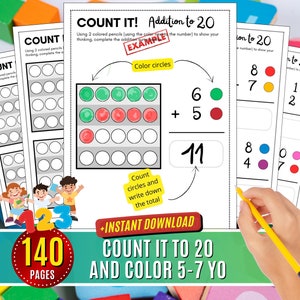 Color and Count Printable Addition To 20 Math Simple Worksheets Practice Preschool to 1st Grade:  Number Adding with Numbers Up to 10