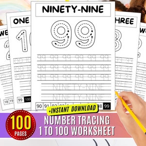Arbeitsblatt zum Nachzeichnen von Zahlen von 1 bis 100, Nachzeichnen von Zahlenwörtern im PDF-Format zum Ausdrucken im Vorschulalter, 1-100 Zahlenschreibübung, Bleistiftkontrolle zum Nachzeichnen von Zahlen