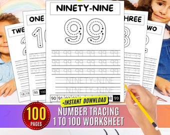Könnte beinhalten: Schwarz-weiße druckbare Zahlen-Übungsblatt für Kinder. Das Übungsblatt zeigt die Zahl 99 mit gepunkteten Linien zum Nachzeichnen. Der Text "NINETY-NINE" steht oben auf der Seite. Der Text "100 PAGES" steht unten auf der Seite. Der Text "NUMBER TRACING 1 TO 100 WORKSHEET" steht ebenfalls unten auf der Seite.