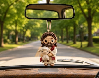 Colgante para coche de Jesús con cordero tejido a crochet, adorno cristiano hecho a mano para el retrovisor.