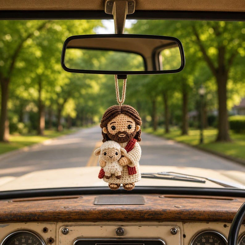 Crochet Jesus with Lamb Car Charm, Handmade Christian Rearview Ornament image 1