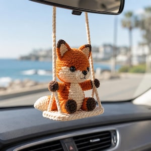 Crochet Fox Car Charm on Swing, Handmade Amigurumi Rearview Mirror Hanging, Cute Car Accessory, Fox Lover Gift