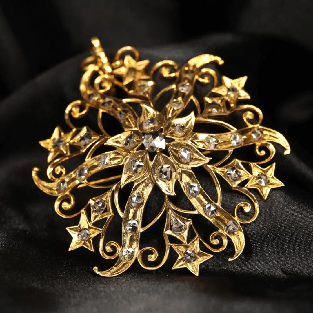 Antique Rose Cut Diamond Brooch/Pendant With  9k yellow gold