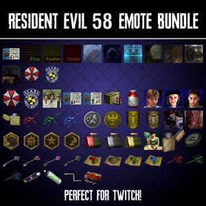 Puede incluir: Un conjunto de 58 emoticonos temáticos de Resident Evil para Twitch. Los emoticonos presentan personajes, objetos y logotipos de la serie de videojuegos. Los emoticonos están dispuestos en una cuadrícula sobre un fondo morado.