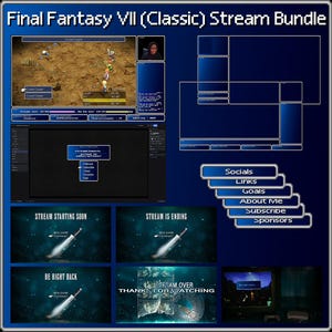 Puede incluir: Un diseño de pantalla azul y negro para una transmisión de videojuego Final Fantasy VII (Clásico). El diseño incluye secciones para redes sociales, enlaces, objetivos, sobre el streamer, suscribirse y patrocinadores. También hay varios diseños de pantalla para diferentes partes de la transmisión, como comenzar pronto, finalizar, volver enseguida y transmisión finalizada.