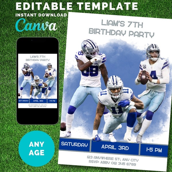 Dallas Cowboys Birthday Invitation, Lamb Parsons Prescott Invitation, Football Birthday Invite, Instant Download, Canva Template, ANY AGE