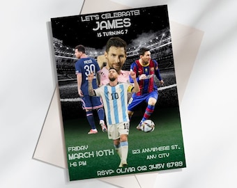 Invitación editable de cumpleaños de Messi, invitación de Messi, tema de fútbol argentino, cumpleaños de estrellas de fútbol, MLS, PSG, FC Barcelona, Inter Miami