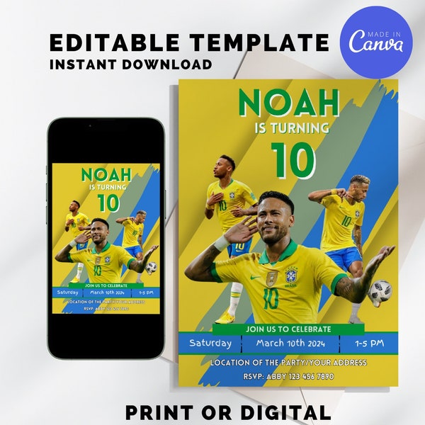 Neymar Birthday Invitation - Editable Neymar Party Invite - Neymar Jr Brazil Invite - Soccer Birthday - Football Birthday - Party invitation