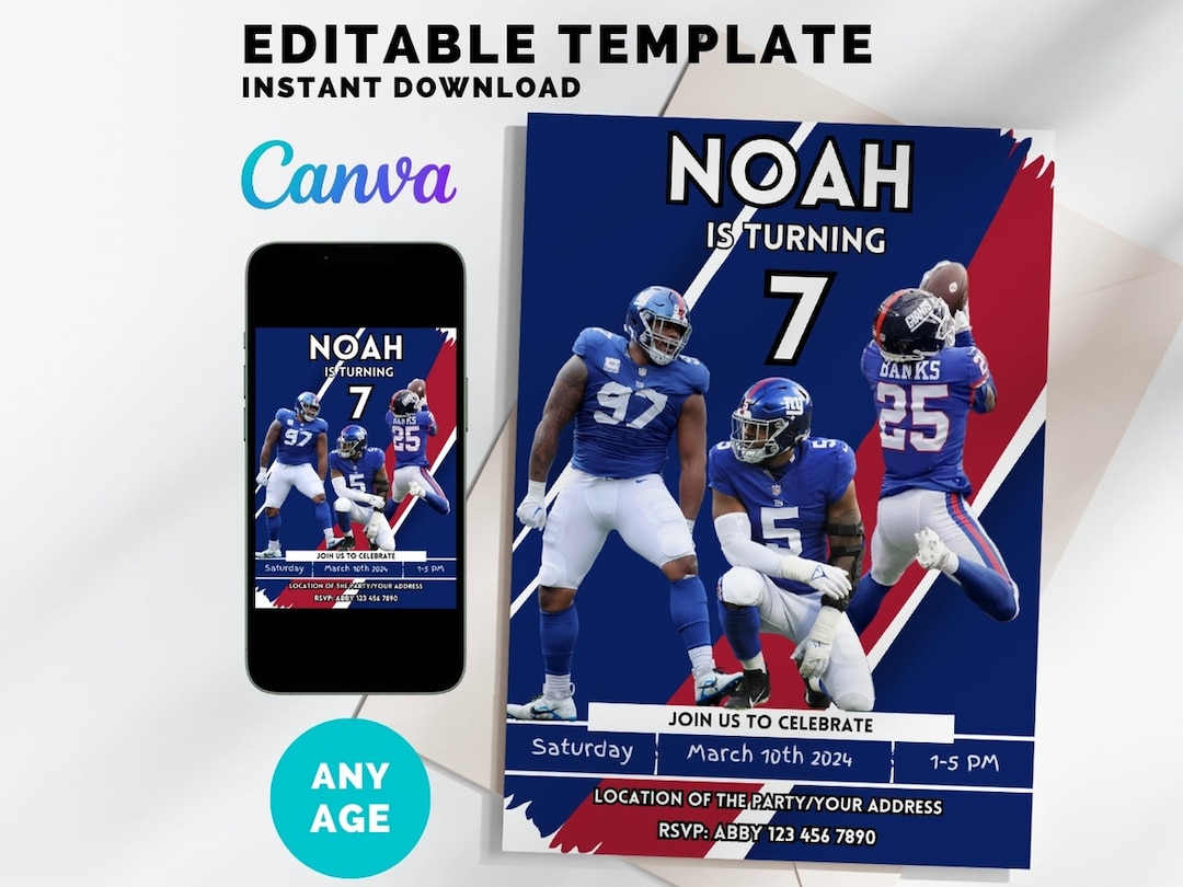 Giants Birthday Invitation, New York Giants Invite, Football Birthday ...