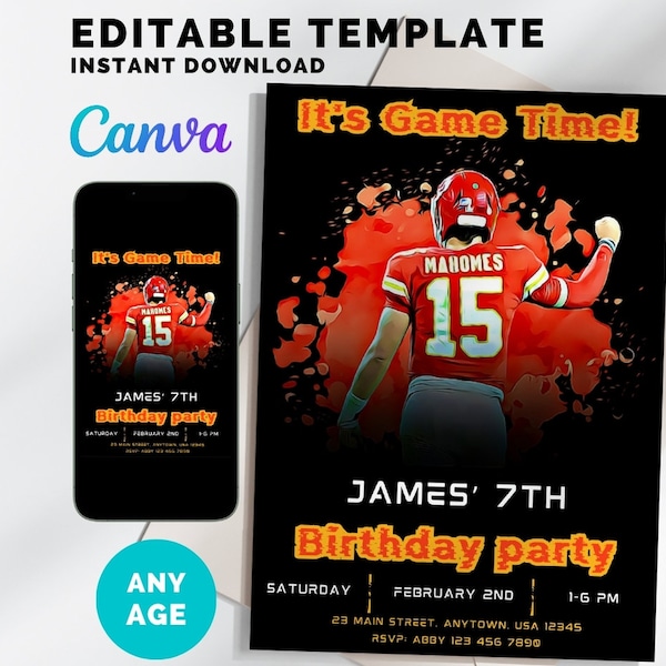 Editable Mahomes Birthday Invitation - Chiefs Birthday Invite - Football Birthday Party - Canva Template - Instant Download - Any Age