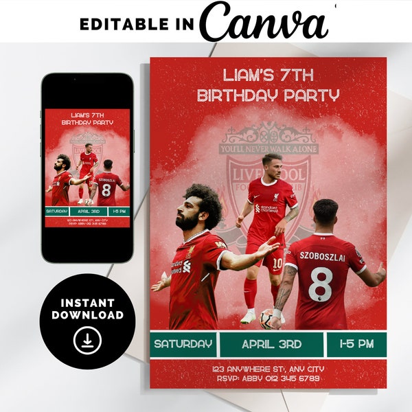 Liverpool Birthday Party Editable Invitation Template to Invite Friends and Family for a Liverpool or Football Themed Birthday Party