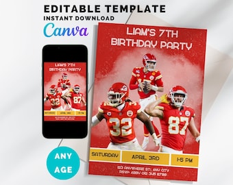 Kansas City Chiefs Birthday Invitation, Mahomes Kelce Bolton Invitation, Football Birthday Invite, Instant Download, Canva Template, ANY AGE